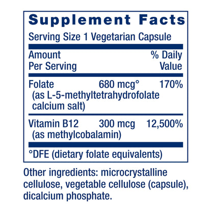 Life Extension BioActive Folate & Vitamin B12, Promotes Heart, Brain & GI Tract Health, Non-GMO, Gluten-Free, Vegetarian, 90 Capsules