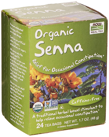 NOW Foods, Certified Organic Senna Tea, Caffeine Free, Relieving, Non-GMO, Premium Unbleached Tea Bags with No-Staples Design, 24-Count (Pack of 2)