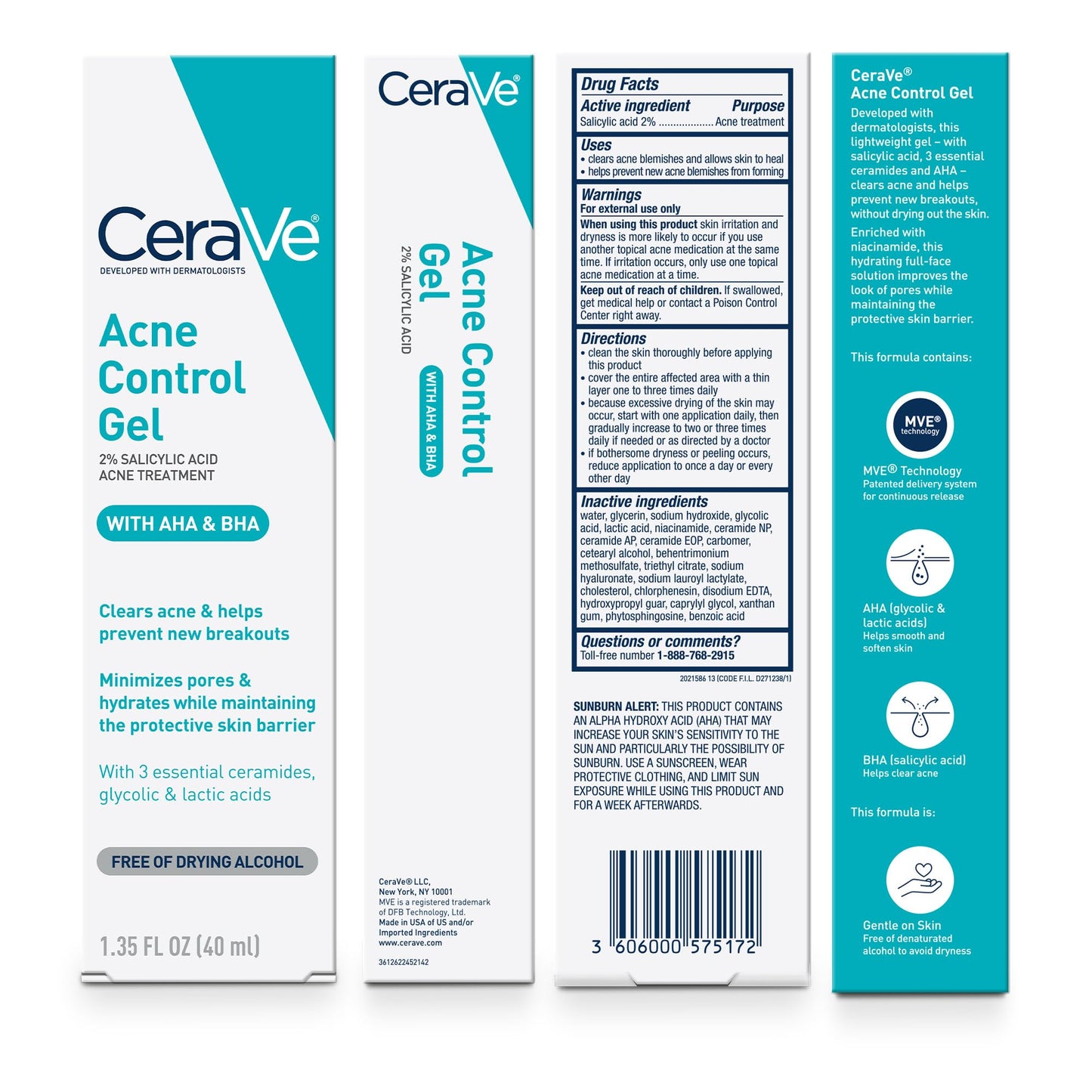CeraVe Acne Control Gel, Salicylic & Glycolic Acid Face Treatment, 1.35oz