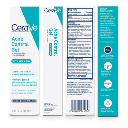 CeraVe Acne Control Gel, Salicylic & Glycolic Acid Face Treatment, 1.35oz
