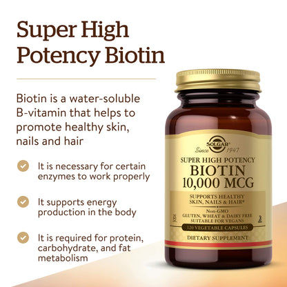 Solgar Biotin 10,000 mcg, 120 Vegetable Capsules - Non-GMO, Gluten Free