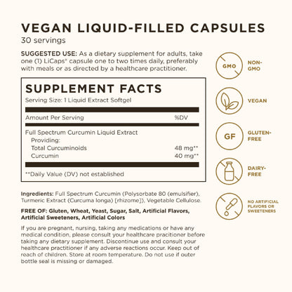 Solgar Full Spectrum Curcumin - 30 LiCaps - Superior Absorption - Brain, Joint & Immune Health - Non-GMO, Vegan, Gluten Free, Dairy Free - 30 Servings
