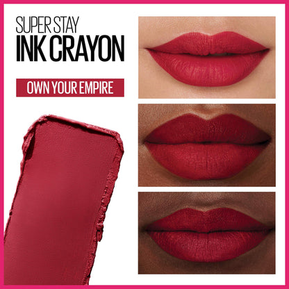 Maybelline Super Stay Ink Crayon Lipstick Makeup, Precision Tip Matte Lip Crayon with Built-in Sharpener, Longwear Up To 8Hrs, Own Your Empire, Blue Red, 1 Count