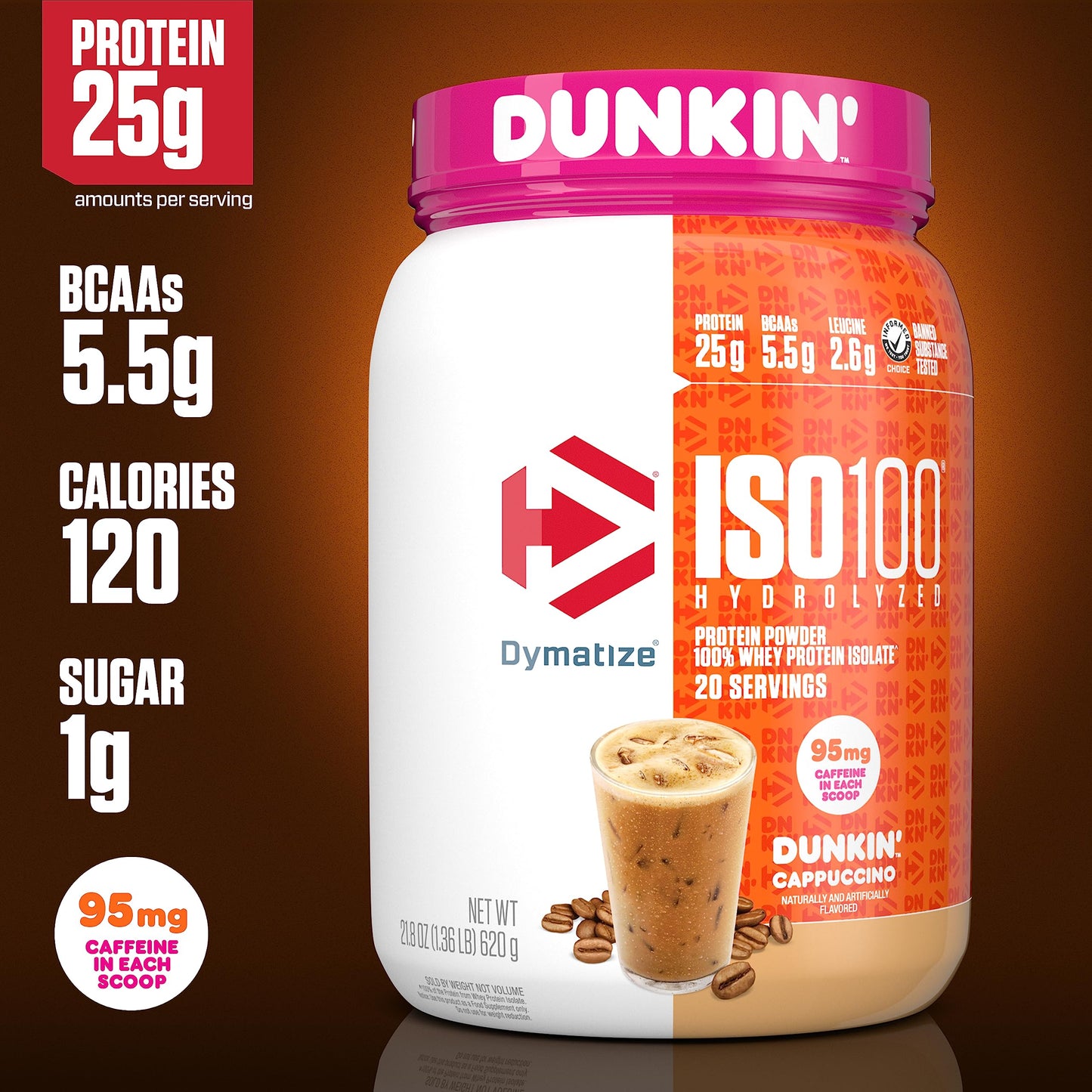 Dymatize ISO100 Protein Powder +Energy, 100% Whey Isolate, Cappuccino