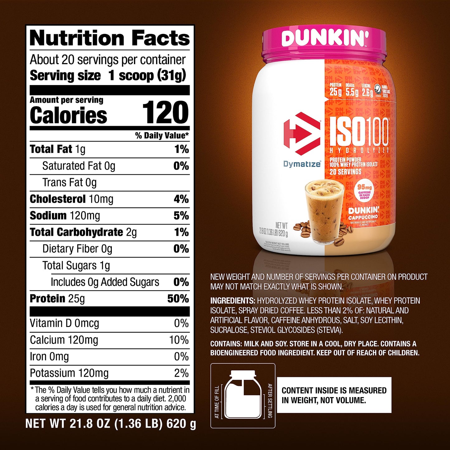 Dymatize ISO100 Protein Powder +Energy, 100% Whey Isolate, Cappuccino