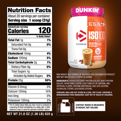 Dymatize ISO100 Protein Powder +Energy, 100% Whey Isolate, Cappuccino