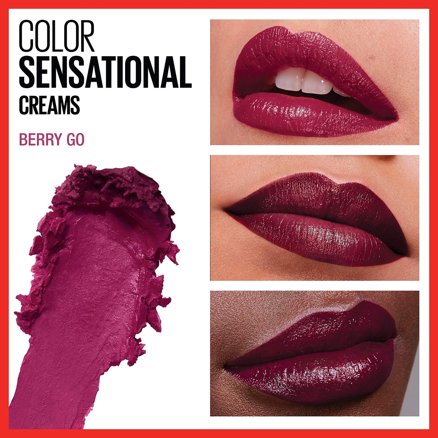 Maybelline Color Sensational Lipstick, Lip Makeup, Cream Finish, Hydrating Lipstick, Nude, Pink, Red, Plum Lip Color, Berry Go, 0.15 oz; (Packaging May Vary)