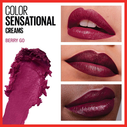 Maybelline Color Sensational Lipstick, Lip Makeup, Cream Finish, Hydrating Lipstick, Nude, Pink, Red, Plum Lip Color, Berry Go, 0.15 oz; (Packaging May Vary)