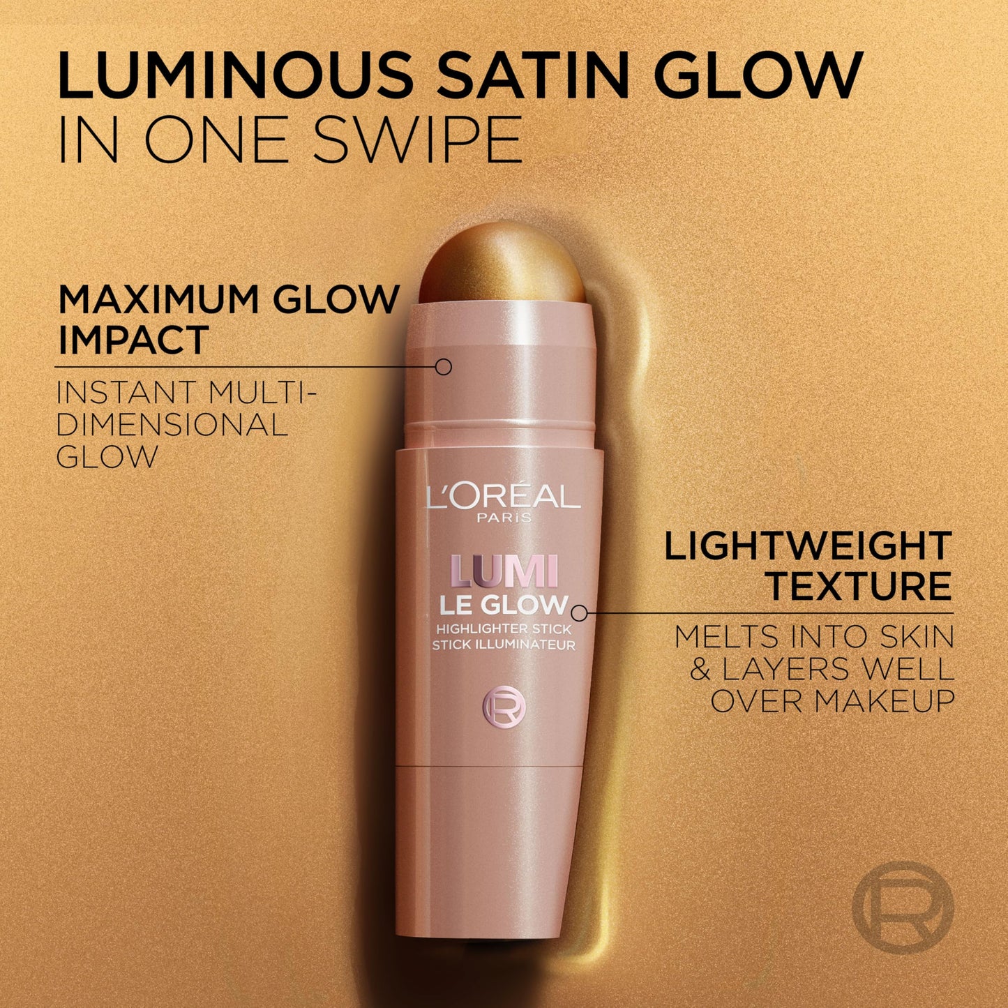 L'Oreal Paris True Match Lumi Le Glow Highlighter Stick, Luminous, Satin, Glowy Highlighter for Face and Body, 635 Golden Couture, 0.17 Oz