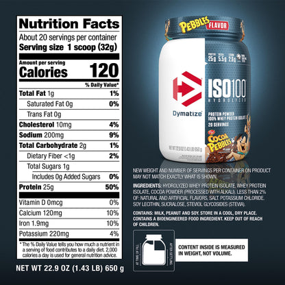 Dymatize ISO100 Protein Powder, 100% Whey Isolate, Cocoa Pebbles