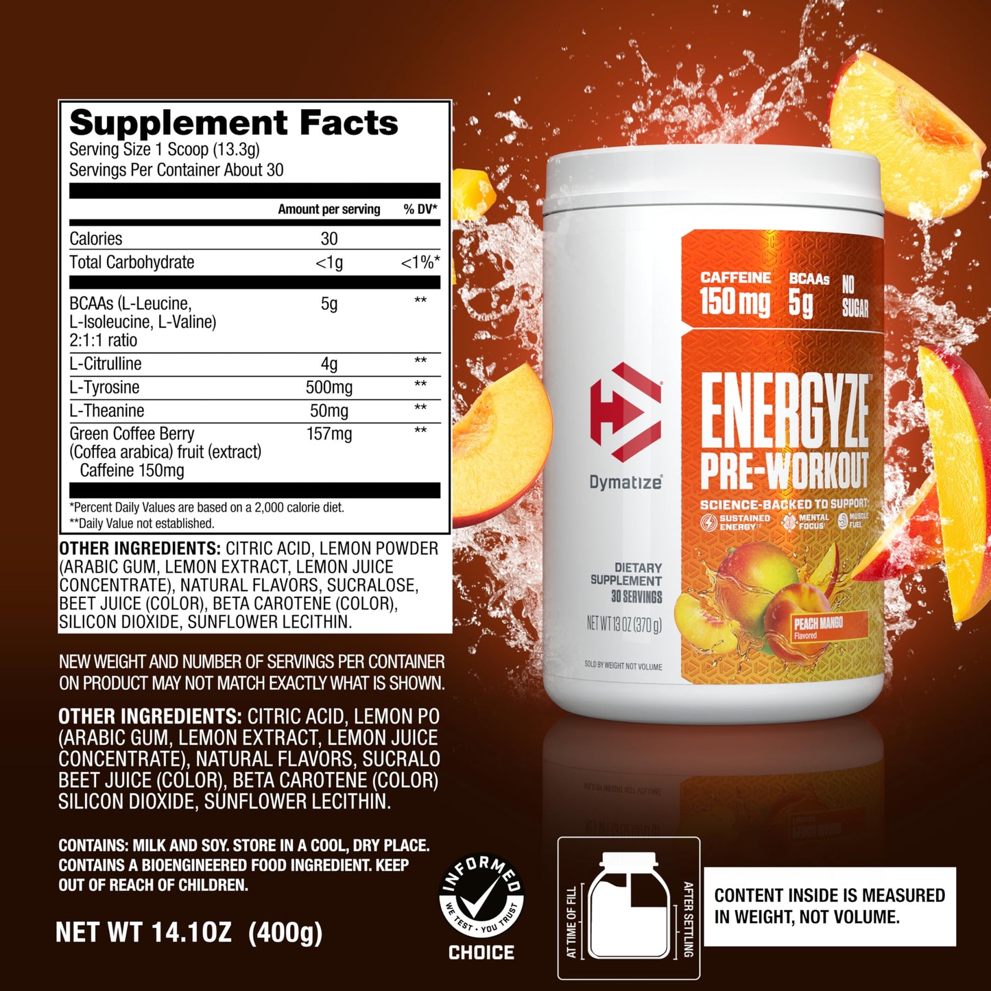 Dymatize Energyze Pre Workout Powder for Men and Women, Peach Mango, 150mg Caffeine, 5g BCAAs, Performance Blend of L-Theanine, L-Tyrosine, L-Citrulline, No Sugar (30 Servings)