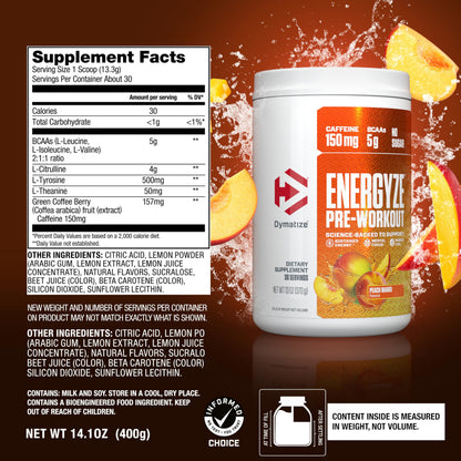 Dymatize Energyze Pre Workout Powder for Men and Women, Peach Mango, 150mg Caffeine, 5g BCAAs, Performance Blend of L-Theanine, L-Tyrosine, L-Citrulline, No Sugar (30 Servings)