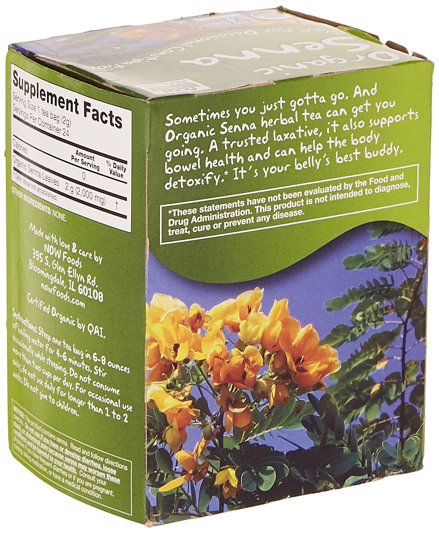 NOW Foods, Certified Organic Senna Tea, Caffeine Free, Relieving, Non-GMO, Premium Unbleached Tea Bags with No-Staples Design, 24-Count (Pack of 2)