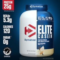Dymatize Elite Casein Protein Powder, Vanilla, 100% Micellar Casein, 25g Protein, 5.4g BCAAs, 2.3g Leucine, Slow Absorbing for Overnight Muscle Recovery, 4 lb (55 Servings)