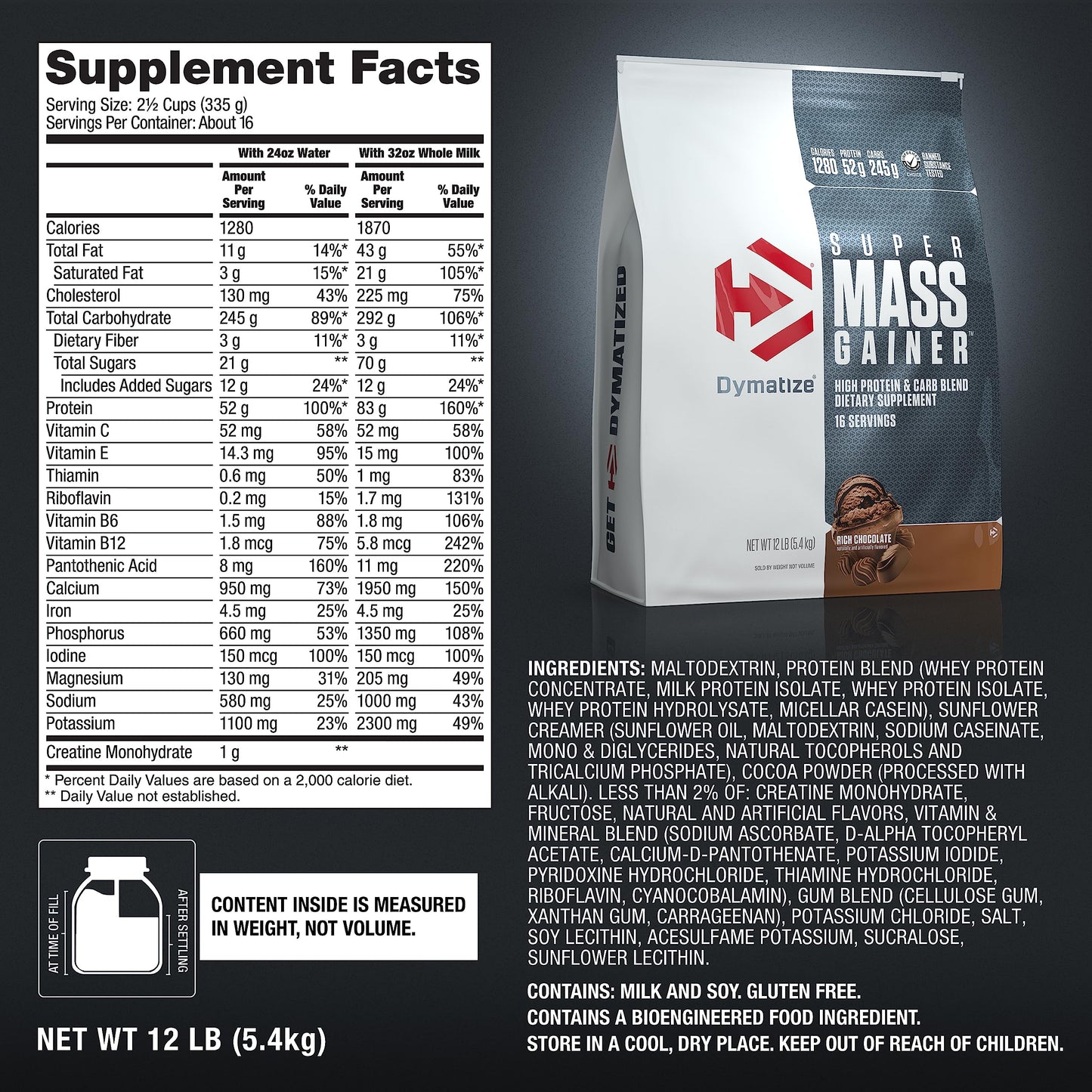 Dymatize Super Mass Gainer Protein Powder, Rich Chocolate, 52g Protein, 1g Creatine, 1280 Calories, 10.7g BCAAs, 245g Carbs, Contains Whey Protein Powder, Isolate, and Casein (16 Servings)