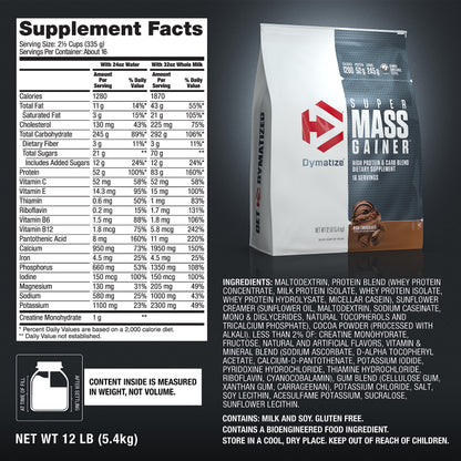 Dymatize Super Mass Gainer Protein Powder, Rich Chocolate, 52g Protein, 1g Creatine, 1280 Calories, 10.7g BCAAs, 245g Carbs, Contains Whey Protein Powder, Isolate, and Casein (16 Servings)