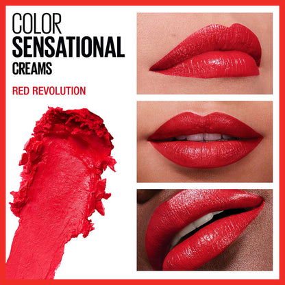 Maybelline Color Sensational Lipstick, Lip Makeup, Cream Finish, Hydrating Lipstick, Nude, Pink, Red, Plum Lip Color, Red Revolution, 0.15 oz; (Packaging May Vary)