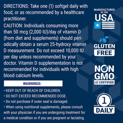 Life Extension Vitamin D3 175 mcg (7000 IU), Immune System Support, Bone Health, Brain Performance, Gluten-Free, Non-GMO, Once Daily, Two-Month Supply, 60 softgels