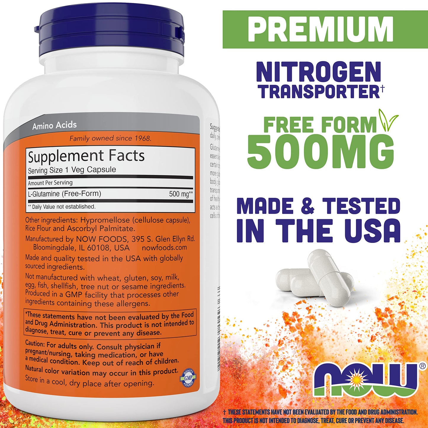 Now L-Glutamine 500mg 300 Veg Capsules - Non-GMO Supplement - Vegan Lglutamine Caps