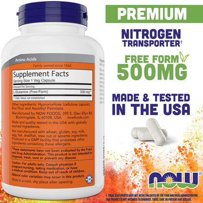 Now L-Glutamine 500mg 300 Veg Capsules - Non-GMO Supplement - Vegan Lglutamine Caps