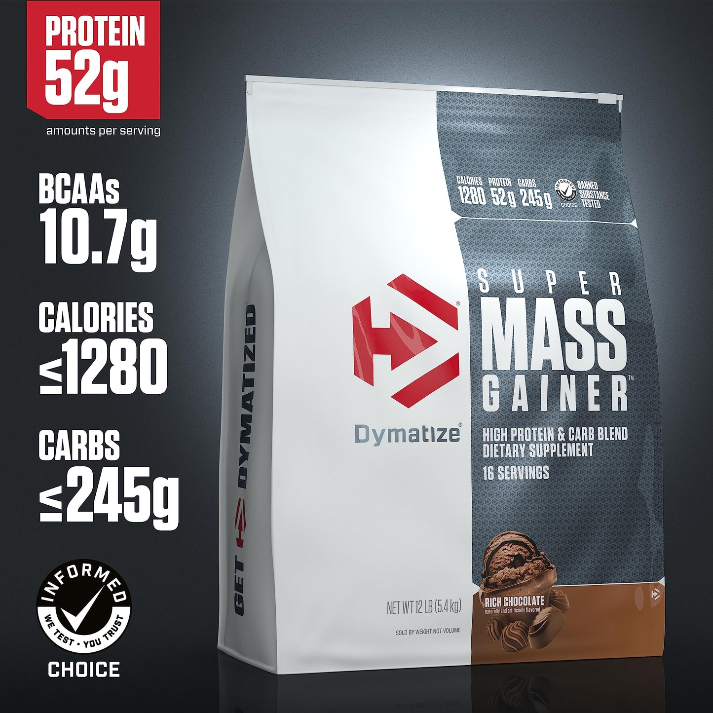 Dymatize Super Mass Gainer Protein Powder, Rich Chocolate, 52g Protein, 1g Creatine, 1280 Calories, 10.7g BCAAs, 245g Carbs, Contains Whey Protein Powder, Isolate, and Casein (16 Servings)