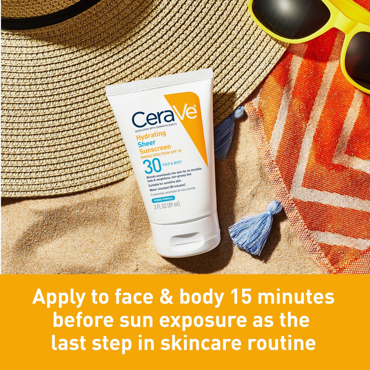 CeraVe Hydrating Sheer Sunscreen SPF 30 with Hyaluronic Acid, 3oz